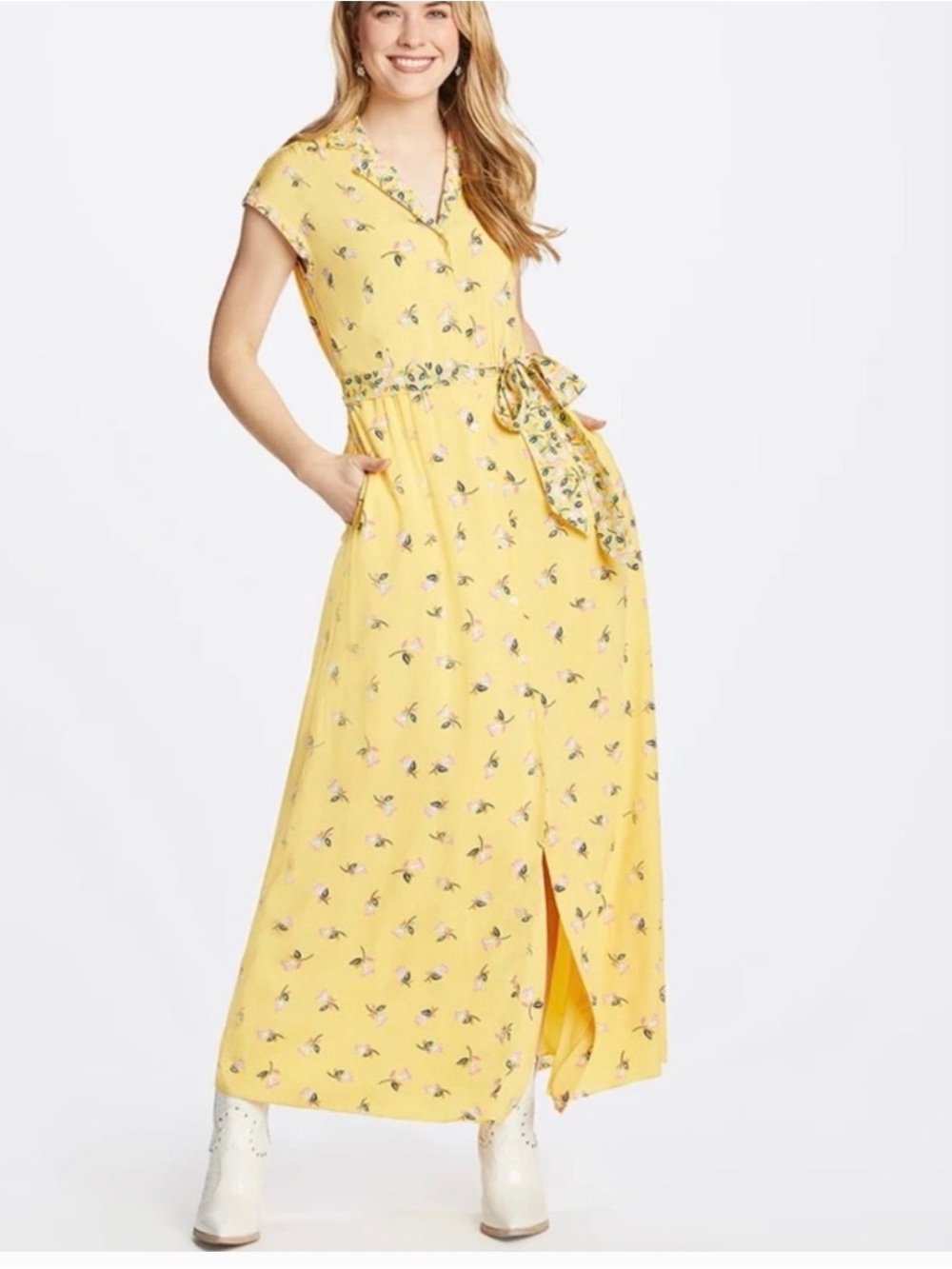 Draper James Yellow Floral Maxi Dress with Tie Sash